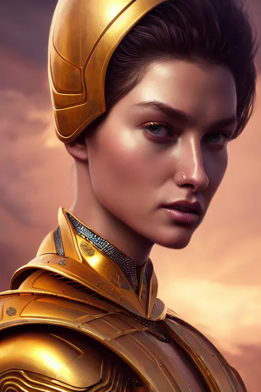 Prompt: professional digital art of a hyper realistic and highly detailed beautiful woman in a beautiful complexe golden armor. girl's face is hyper realistic and highly detailed. greg rutkowski, zabrocki, karlkka, jayison devadas, intricate, trending on artstation, 8 k, unreal engine 5, pincushion lens effect