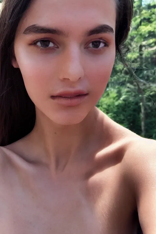 Image similar to 2 4 year old female model, wearing v - neck top, zoomed on clavicle, photo realistic, extreme detail skin, natural beauty, no filter, slr, golden hour, 4 k, high definition, selfie