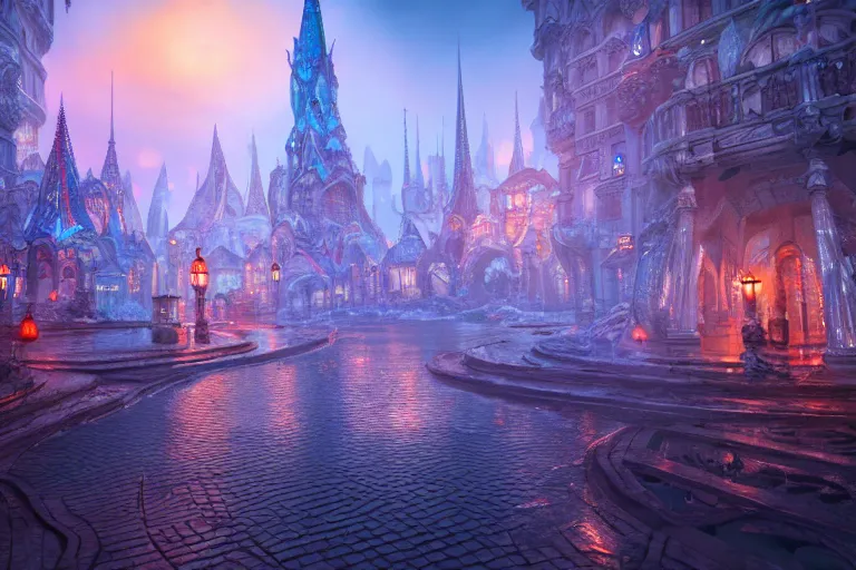 Image similar to inside a magical wonderland city, highly detailed, 8 k, hdr, award - winning, octane render, trending on artstation, volumetric lighting