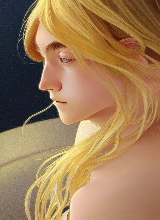 Image similar to pretty young man with shoulder length shiny shimmering golden blond hair, head down, demure, shy, path traced, highly detailed, high quality, digital painting, by studio ghibli and alphonse mucha, leesha hannigan, disney