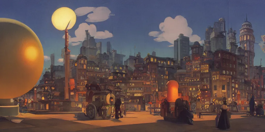 Image similar to A large radiant spherical object lights up an immense city square, dieselpunk, by Studio Ghibli and Edward Hopper