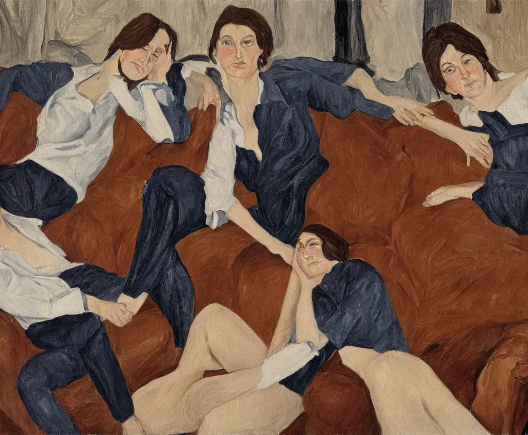 Image similar to two women, in an old english apartment on a brown leather sofa. one is wearing a dark blue sweather, the other a white shirt. brown hair, they are looking into the camera. wide shot. in the style of lucien freud. oil painting.