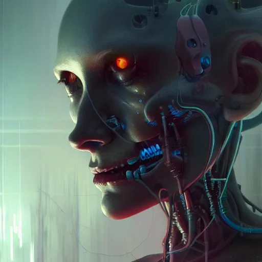 Image similar to horror digital concept art portrait of a high - tech cyborg on a depth of field background, artstation, award - winning realistic sci - fi concept art by jim burns and greg rutkowski, beksinski, a realism masterpiece, expressive color palette, james gilleard, bruegel, alphonse mucha, and yoshitaka amano