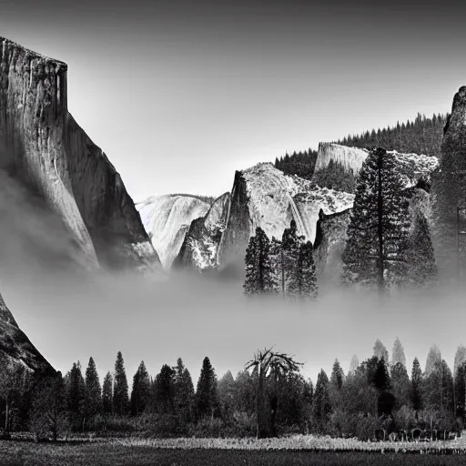 Image similar to black-and-white landscape photograph of Yosemite National, covered in mist, Park by Ansel Adams width 1024