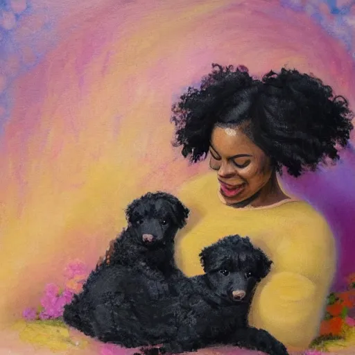 Prompt: pregnant black woman with curly hair, laying down, a tiny black puppy running around, golden hour, vintage, impressionist painting, fine art, oil painting, dreamy, pastel, laughing, happy, intricate details, sharp, peaceful, serene