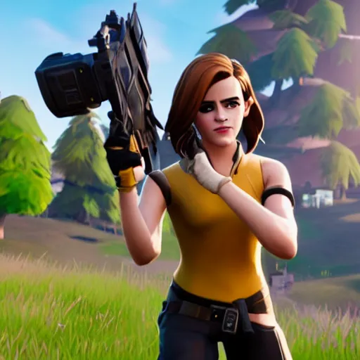 Image similar to emma watson as fortnite character, gameplay screenshot