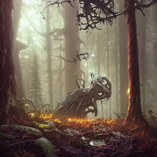 Image similar to highly detailed creepy creature in the forest, stephen bliss, unreal engine, fantasy art by greg rutkowski, loish, rhads, ferdinand knab, makoto shinkai and lois van baarle, ilya kuvshinov, rossdraws, tom bagshaw, global illumination, radiant light, detailed and intricate environment