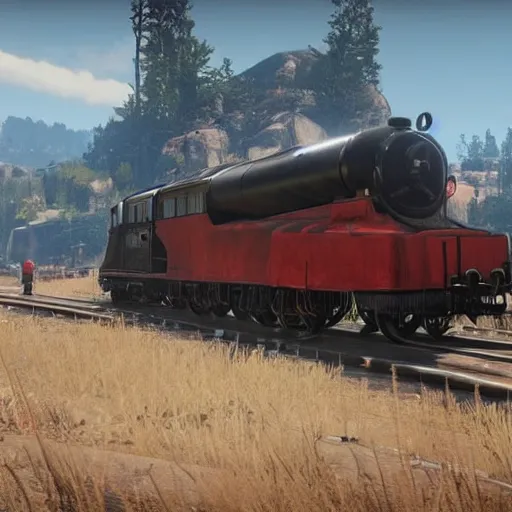 Image similar to futuristic sleek steam locomotive in red dead redemption 2