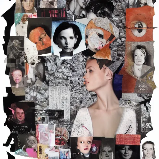 Prompt: a chaotic collage made out of fragments of printed images taken from the internet, fashion magazines, and family photographs all coming together to form hybrid faces with twisted features in the Dadaesque style, mixed media