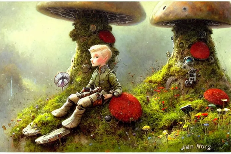 Image similar to adventurer ( ( ( ( ( 1 9 5 0 s retro future robot android boy in forrest of giant mushrooms, moss and flowers stone bridge. muted colors. ) ) ) ) ) by jean baptiste monge!!!!!!!!!!!!!!!!!!!!!!!!! chrome red