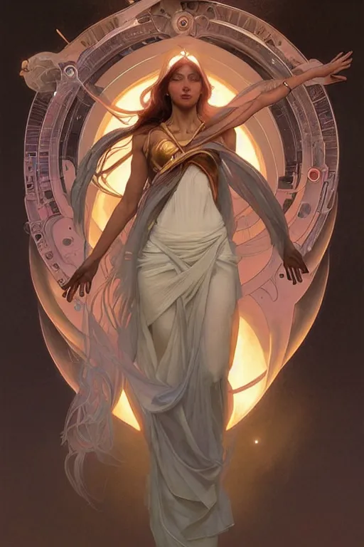 Prompt: goddess of space and time, accurate anatomy, only two hands, highly detailed, digital painting, artstation, concept art, smooth, sharp focus, illustration, Unreal Engine 5, 8K, art by artgerm and greg rutkowski and alphonse Mucha
