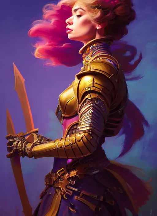 Prompt: side portrait, imogen poots, paladin, gloomhaven, colorful gaudy colors, luminescent, hard edges, organic painting, by greg manchess, huang guangjian, gil elvgren, greg rutkowski, jesper ejsing, magali villeneuve, artgerm, ilya kuvshinov