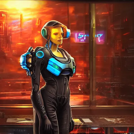 Image similar to high quality portrait of Nova from starcraft in a cyberpunk cyberpunk cyberpunk cafe, realism, 8k, award winning photo