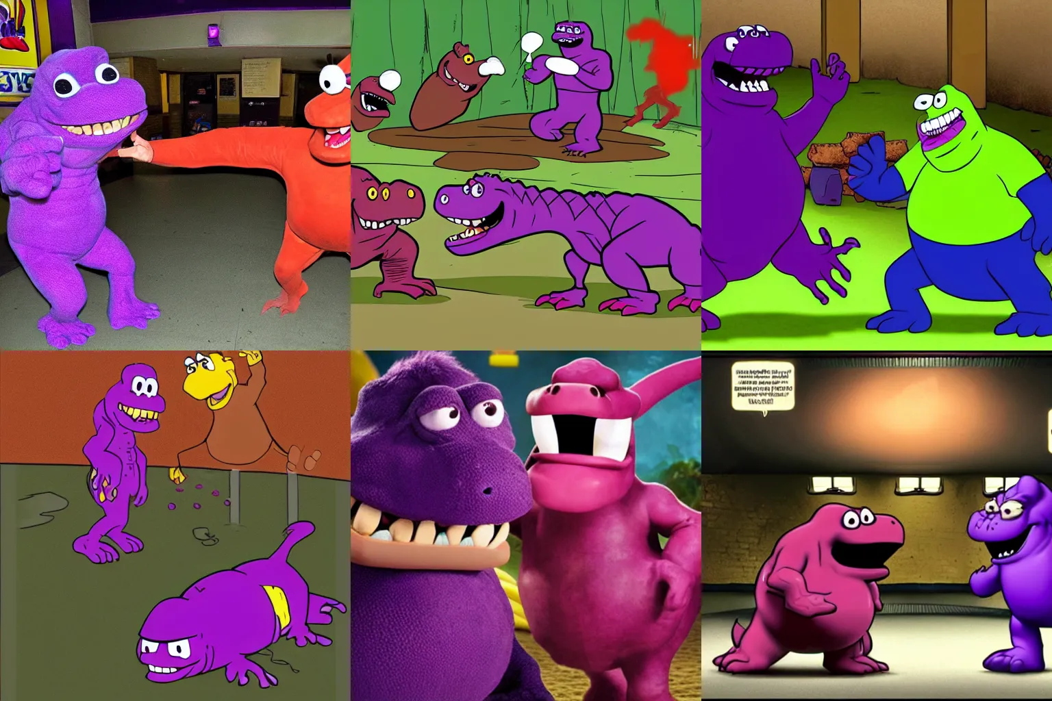 Prompt: Barney the dinosaur and Grimace from McDonalds fighting in an underground fight club.