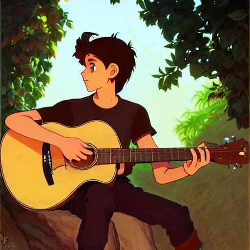 Prompt: teen boy with light brown hair and brown eyes, playing acoustic guitar, natural lighting, path traced, highly detailed, high quality, cartoon, digital painting, by don bluth and ross tran and studio ghibli and alphonse mucha