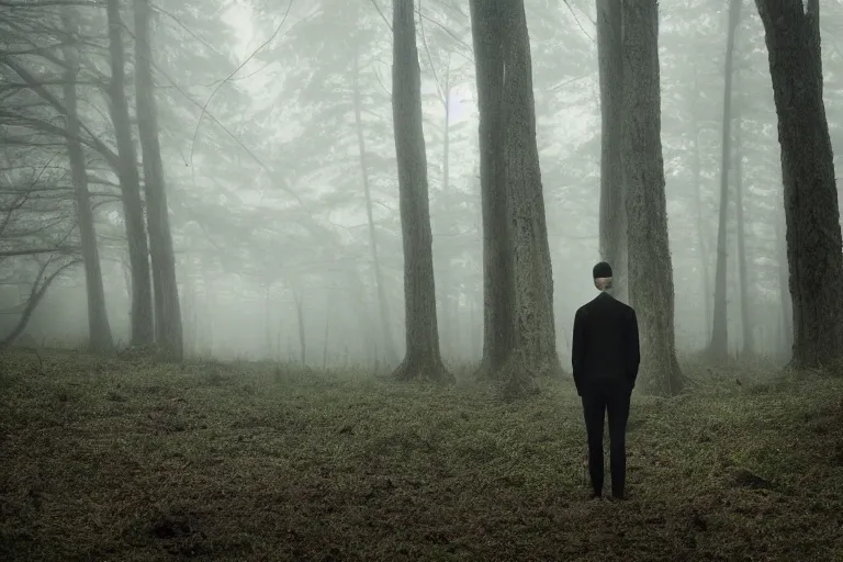 Prompt: a cinematic headshot portrait of a skinny evil male scientist, stood in a spooky forest, fog, shrubbery, 8 k, detailed, backlight, deep focus, movie still, moody lighting, by werner herzog