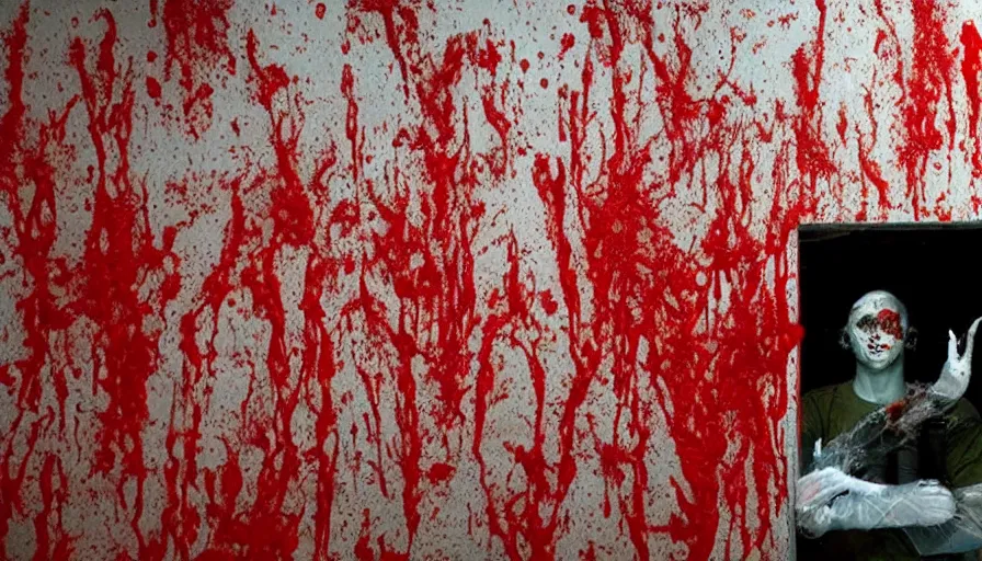 Image similar to Big budget horror movie set in an undersea biolab, the walls are splattered with blood