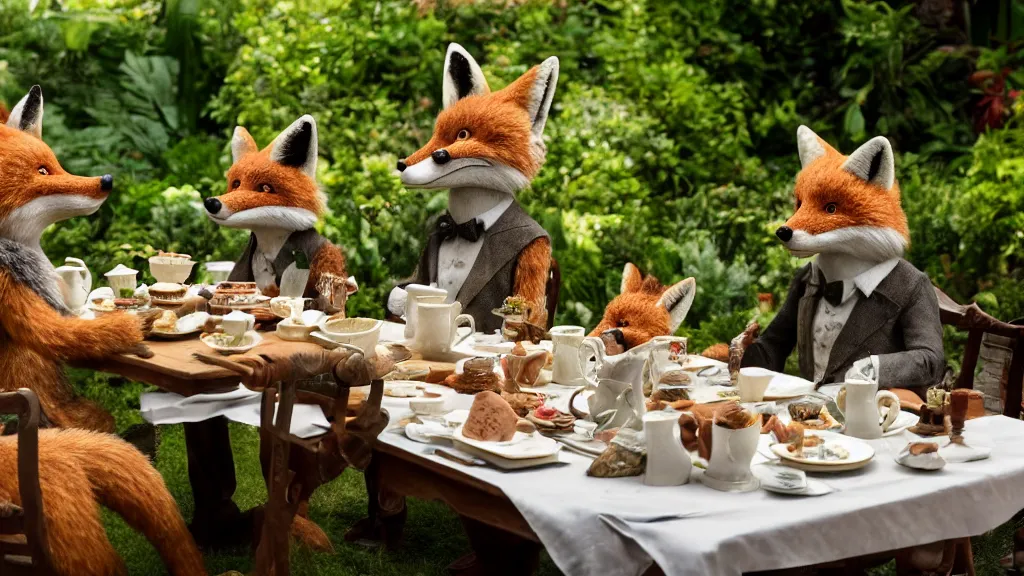 Prompt: film still from the movie chappie outdoor park plants garden scene bokeh depth of field several figures sitting down at a table having a delicious grand victorian tea party crumpets furry anthro anthropomorphic stylized fox foxes wearing suits and dresses