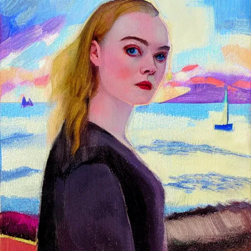 Prompt: professional painting of Elle Fanning in Santorini in the style of George Luks, head and shoulders portrait, symmetrical facial features, smooth, sharp focus, illustration, intricate, stormy weather, extremely detailed masterpiece,