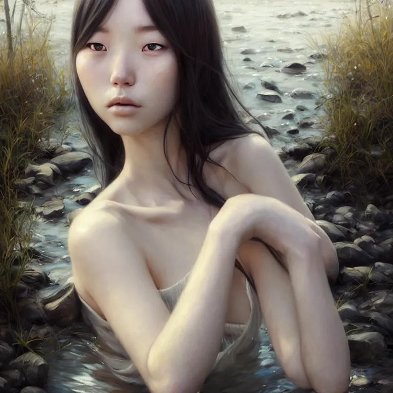 Image similar to epic cinematic portrait of a girl by the river, portrait as miho hirano, with loose white hair, shiny skin, slim figure, small details, realistic poster with three - dimensional dramatic light, artgerm, jeremy lipkin and michael garmash, unreal engine, radiant light, detailed and complex environment, digital art, trends at art station