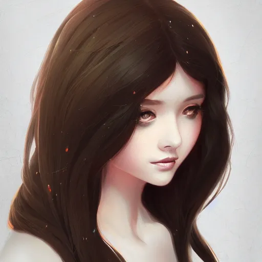 Prompt: teen girl, long black hair, gorgeous round face, brown pollover, amazing, elegant, intricate, highly detailed, digital painting, artstation, concept art, sharp focus, illustration, art by ross tran