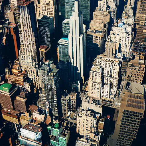 Prompt: View of busy midtown Manhattan from above, retro-futurism, art-deco, flying cars, flying emergency vehicles, style of The Fifth Element movie