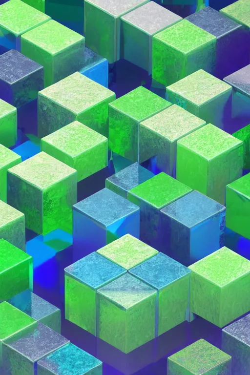 Prompt: high quality 3 d render of minimal abstract green and blue gradient geometric cubes and floating in a lush forest with watery reflecting glass materials, matte colorful gradients, unreal engine octane render raytracing, diffuse light
