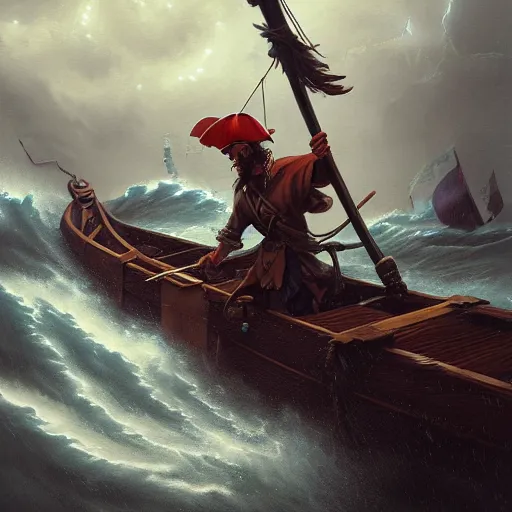 Image similar to a pirate with two wooden legs and two hook hands steering a wooden brigantine through a rain and lightning storm. first person deckhand pov, detailed dynamic light painting by peter mohrbacher