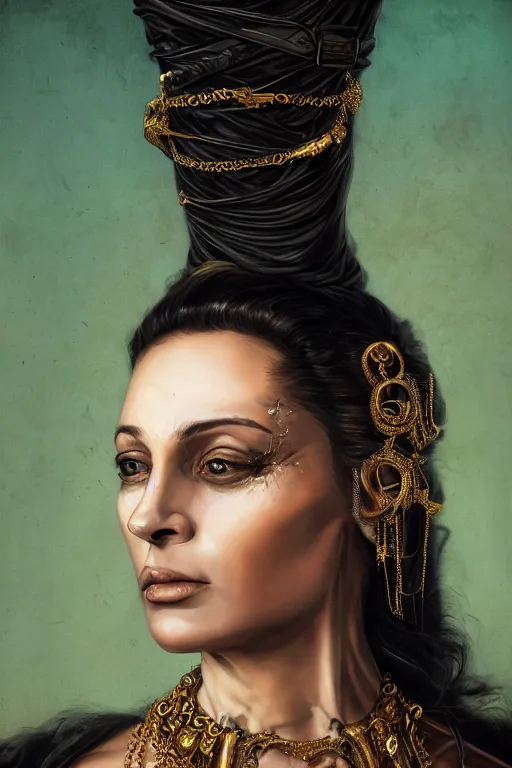 Prompt: portrait, headshot, digital painting, of a 17th century, beautiful, middle aged, middle eastern, wrinkles, decadent, cyborg noble woman, dark hair, piercings, chains, gold tatoos, amber jewels, baroque, ornate dark green opulent clothing, scifi, futuristic, realistic, hyperdetailed, concept art, dramatic backlighting, golden hour, cinestill, art by syd mead