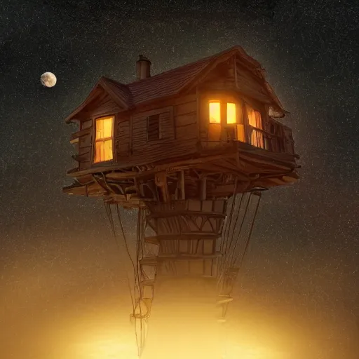 Prompt: an lone haunted treehouse on the moon, in a storm, golden hour, ray tracing reflection, 8k, hyper realistic, insanely detailed, hdr, octan render,