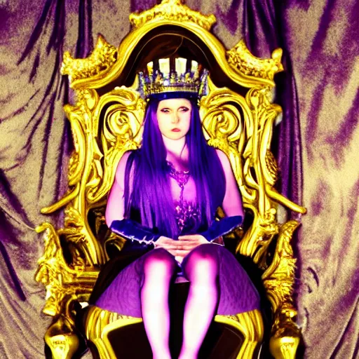 Image similar to A 4k photo of young evil princess with purple hair wearing a diamond crown, sitting in a throne in a dark room.