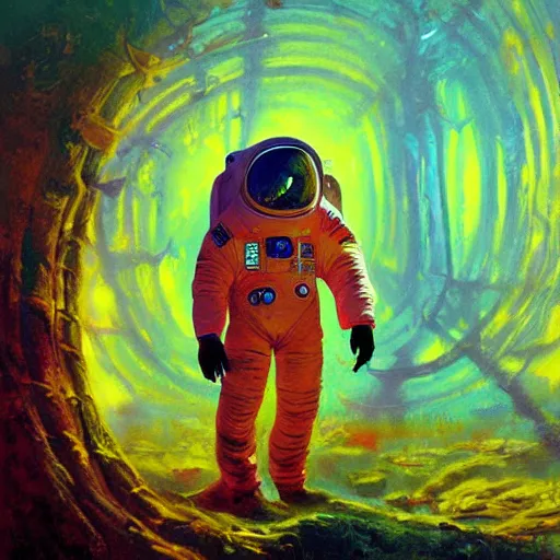 Image similar to a painting of an astronaut in a futuristic enchanted forest by paul lehr