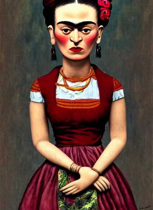 Prompt: frida kahlo as a mark ryden doll, detailed digital art, trending on Artstation