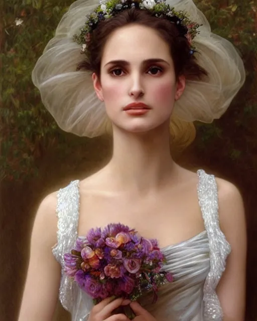 Image similar to realistic oil painting of young 1 8 - year old winona ryder or natalie portman wearing an iridescent wedding dress covered in pearls, highly detailed, intricate,, elegant, digital painting, smooth, sharp focus, illustration, ultra realistic, 8 k, by bouguereau, alphonse mucha, artgerm, and donato giancola