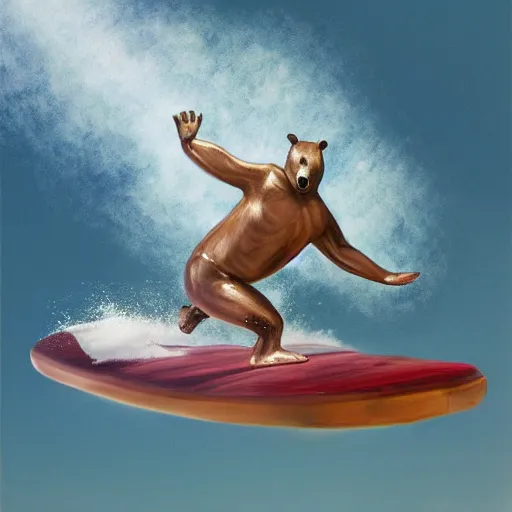 Image similar to hyperrealist bear surfing