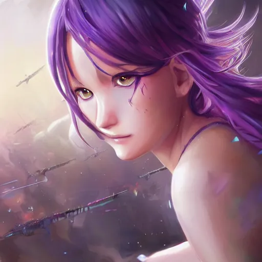 Image similar to An anime portrait of Jennifer Lawrence with long purple hair running through urban battlefield by Stanley Artgerm Lau, WLOP, Rossdraws, James Jean, Andrei Riabovitchev, Marc Simonetti, and Sakimichan, trending on artstation