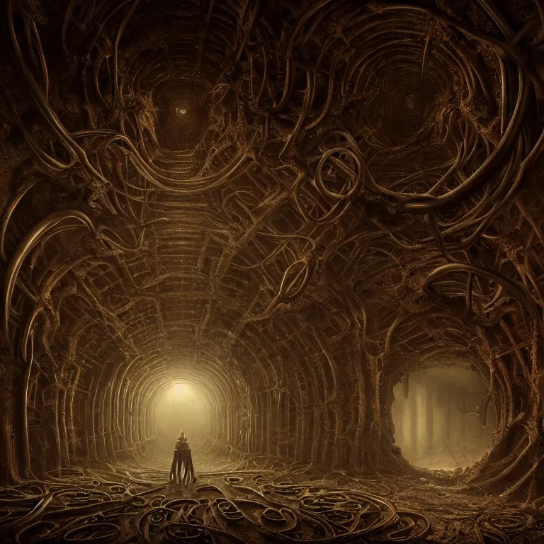 Prompt: surreal dark tunnel inside abandoned ancient alien spaceship covered with ribbed spinal tubes, organic flesh meat, surreal abandoned buildings, dream-like heavy atmosphere, baroque painting, beautiful detailed intricate insanely detailed octane render trending on Artstation, 8K artistic photography, photorealistic, volumetric cinematic light, chiaroscuro, Raphael, Caravaggio, Beksinski, Giger