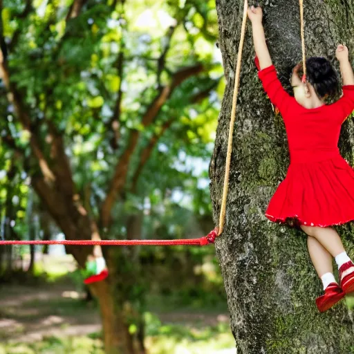 Image similar to girl in red dress swinging on a Madagascar tree swing midday.