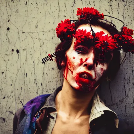 Prompt: medium shot portrait, Kodachrome, cyberpunk 115 y.o model zombie with nose Nath, wrapped in wires and red flowers, clear blue sky vintage style, looking straight ahead, in the style of Kubrik, photography by Barry Lyndon