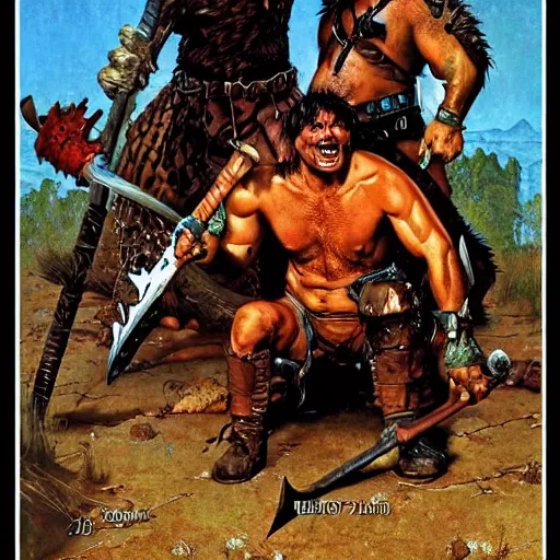 Image similar to grinning rottweiler barbarian, fantasy warrior, drooling, ultra detailed, 4 k, style of norman rockwell, style of richard corben.