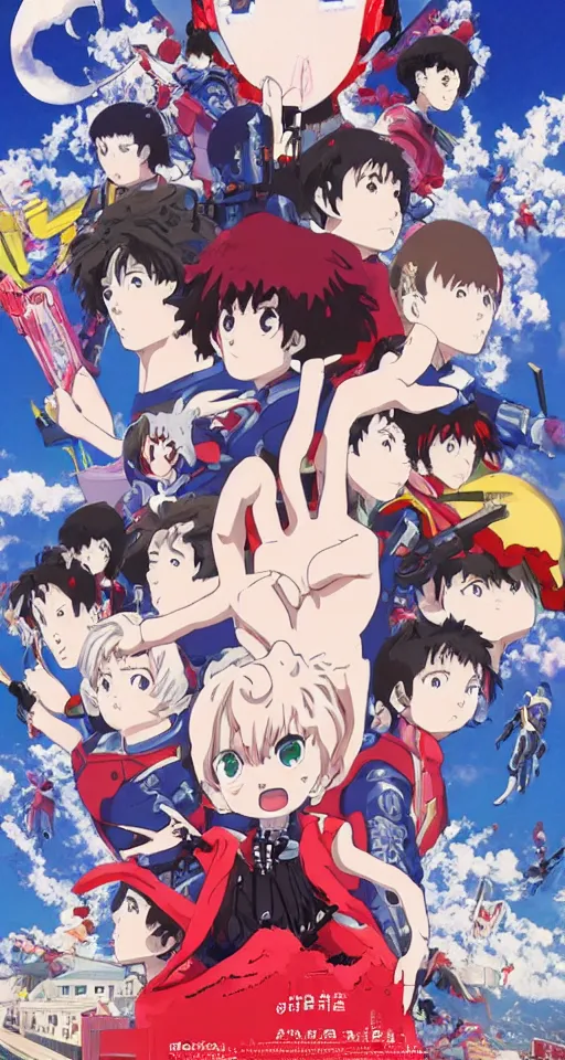 Image similar to incredibly powerful Anime Girl, created by Hideaki Anno + Katsuhiro Otomo +Rumiko Takahashi, Movie poster style, box office hit, a masterpiece of storytelling, main character center focus, monsters + mech creatures locked in combat, nuclear explosions paint sky, highly detailed 8k