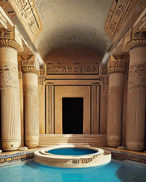 Image similar to greg rutkowski digital painting of an ornate and royal egyptian antechamber tomb, a circular pool in the tomb, the circular pool has a galaxy inside, unreal engine, hyper realism, realistic shading, cinematic composition, blender render, octane render, hdr, detailed textures, photorealistic, ultrawide shot, 3 5 mm film