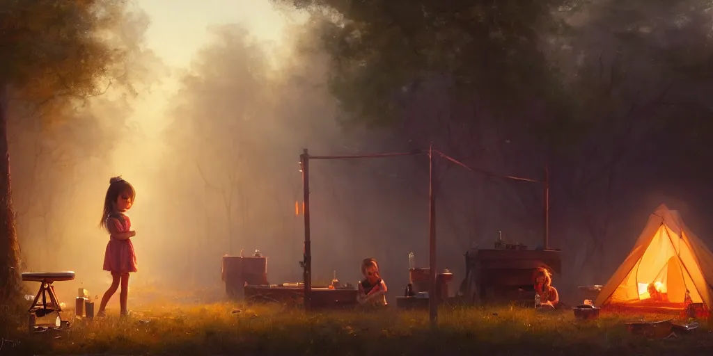 Image similar to big eyed brunette sweet little girl looking sad in front of barbecue near tent at camp, extremely detailed digital painting, in the style of fenghua zhong and ruan jia and jeremy lipking and peter mohrbacher, mystical colors, rim light, beautiful lighting, 8 k, stunning scene, raytracing, octane, trending on artstation