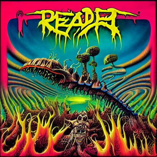 Image similar to thrash metal album cover in the style of roger dean, realistic, sharp focus, 8k high definition, insanely detailed, intricate, smooth, airbrush, art by kenny scharf and philippe druillet