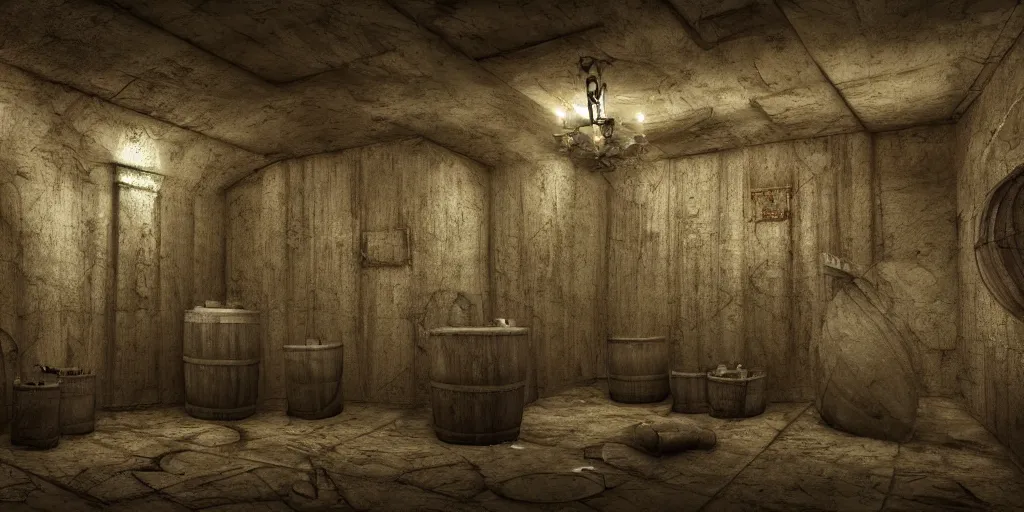 Prompt: echo chamber room, dark art fantasy, 3d render, super detailed, puddle of water, barrels, foggy