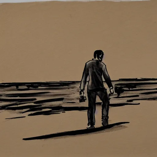 Image similar to ink and brush drawing of oscar isaac walking on the beach smoking, sunset