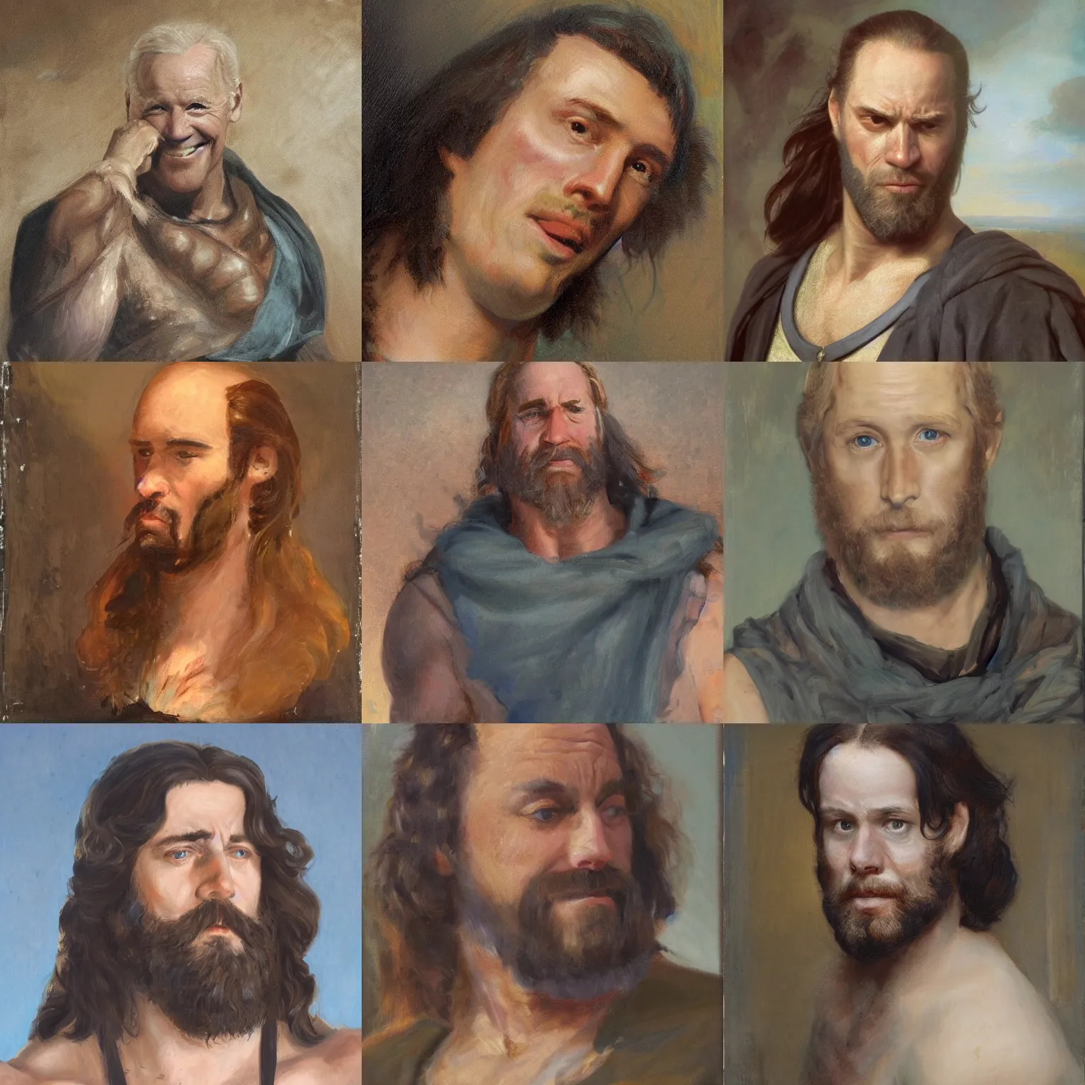 Prompt: facial portrait of hercules portrayed by joe biden, smooth, lushious hair, long hair, yassified, oil on canvas by william sidney mount - 2 0 2 2, trending on artstation