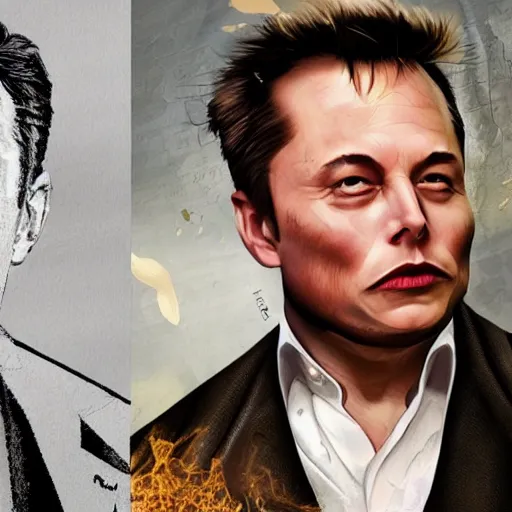 Image similar to elon musk in style of two - face harvey dent one side face has dragonskin fantasy sharp focus intricate elegant digital painting