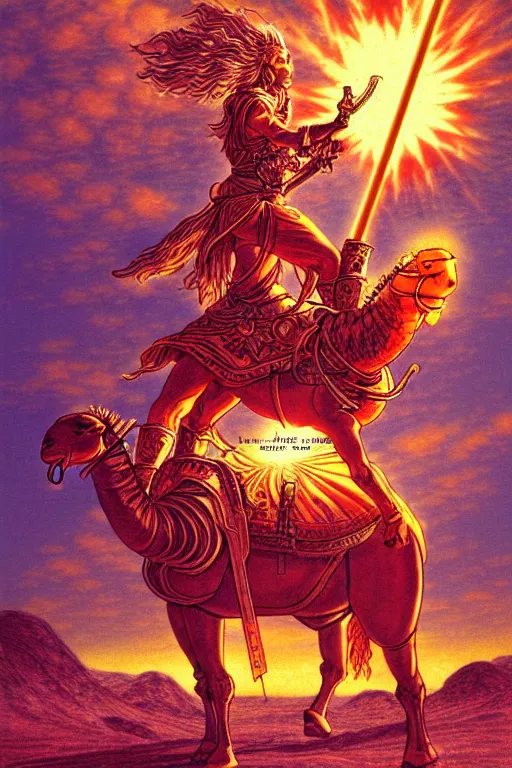 Image similar to illustration of warrior with a flaming sword riding a camel, praise the sun, in the style of moebius, ayami kojima, 1 9 9 0's anime, retro fantasy