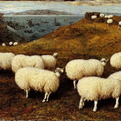 Prompt: a landscape with a sheeps in the style of segantini